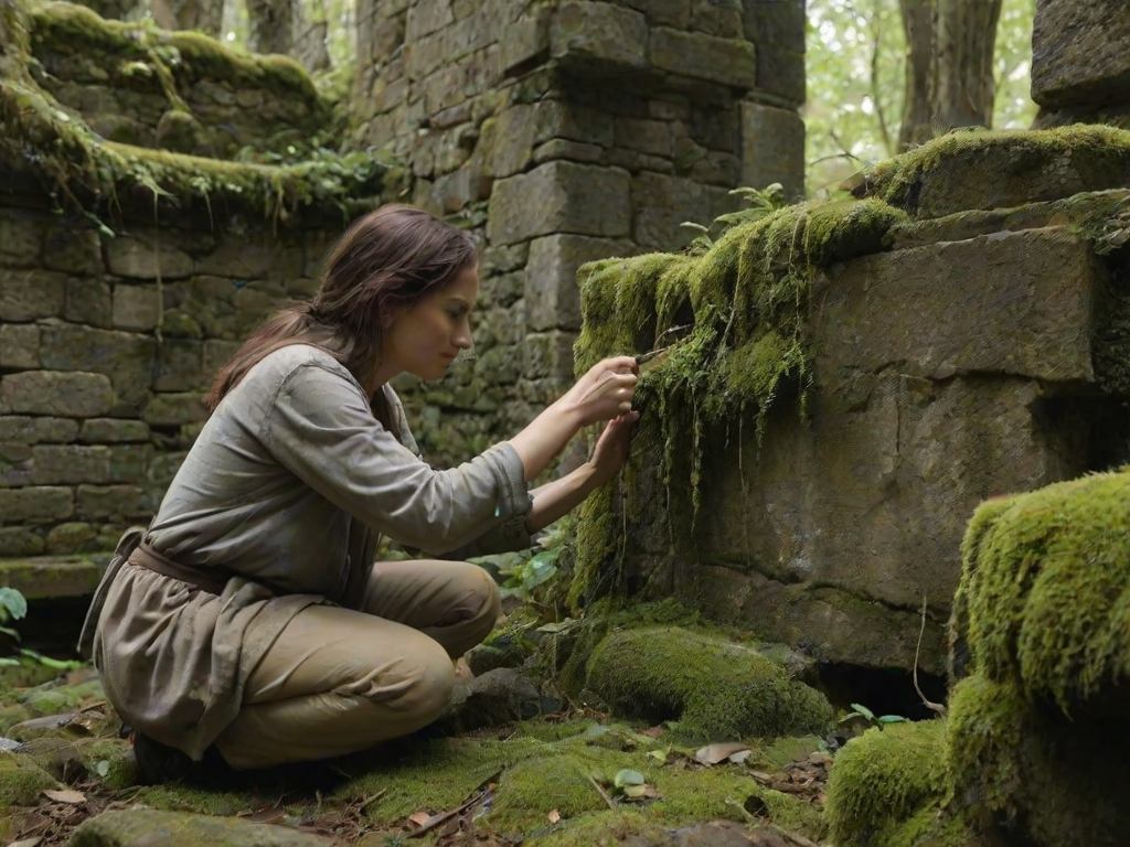 Ancient ruin overgrown with vines and moss, a woman exploring the site, her hand gently brushing the worn stone as she marvels at the history.