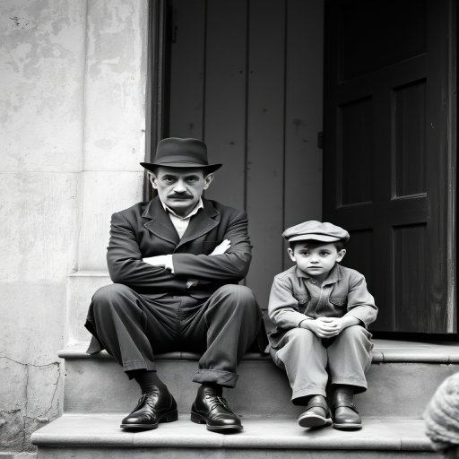 A black-and-white photograph of a man and a child sitting on steps in front of a doorway. The man is dressed as a tramp with a bowler hat, mustache, and ragged clothes, reminiscent of Charlie Chaplin's iconic look. He is sitting with his arms crossed and an expression of slight sadness or frustration. Next to him is a young boy, also in worn clothes and a cap, sitting with his hands clasped, looking thoughtful. The background is an old, textured wall and a partially open door, creating a vintage, early 20th-century atmosphere.