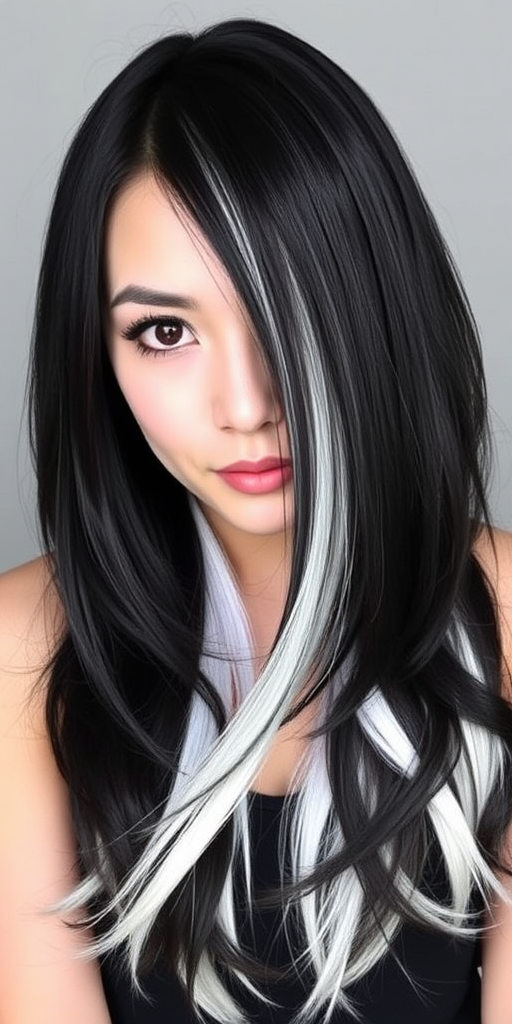 Dramatic black and white split-dyed hair dubbed "Yin Yang Harmony" featuring long straight layers, crisp center part dividing colors, sleek polished finish, face-framing pieces in contrasting shades, bold graphic look