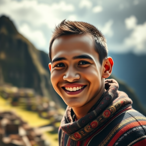 Regenerate a portrait of a smiling young man wearing a traditional poncho at Machu Picchu, taken with a DSLR camera at f/1.8, ISO 100, 50mm lens, natural lighting, focus on the face with a blurred background to enhance depth.