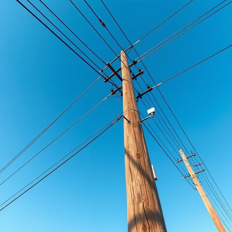 Create a high-resolution digital illustration of two utility poles with power lines, using a wide-angle lens, f/11 aperture, ISO 100, shot in natural daylight, with a clear blue sky background and high contrast for enhanced details.