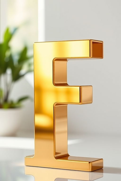 Generate a high-resolution image of a large, shiny golden letter F with a reflective surface, captured with a Canon EOS R5, 50mm lens, f/1.8 aperture, ISO 100, in soft natural light, with a slightly blurred background to emphasize the letter.