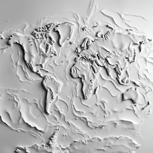 A grayscale image. A 5000 km wide demflux topographical relief map showing the area which consists of continents and ocean basins. The image is in extremely high resolution and crispy. The detail of the image is immense. The overall composition is bold and dynamic, but not cluttered. Various curvy features are the theme of the image and are elegant.