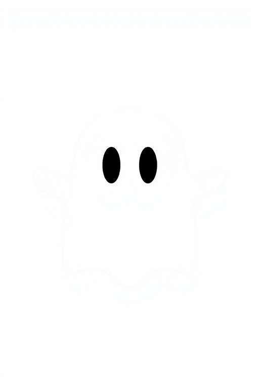Create a high-resolution image of a simple ghost outline with two oval eyes and an open mouth on a plain white background, using a DSLR camera with a 50mm lens, f/1.8 aperture, ISO 100, and a shallow depth of field for a soft focus effect.