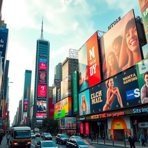 Create a vibrant cityscape of colorful billboards in a bustling urban environment during the day, shot with a DSLR camera at f/8 aperture, ISO 100, shutter speed 1/250s, using a wide-angle lens from a slightly elevated perspective to capture dynamic sky details and improve image clarity.