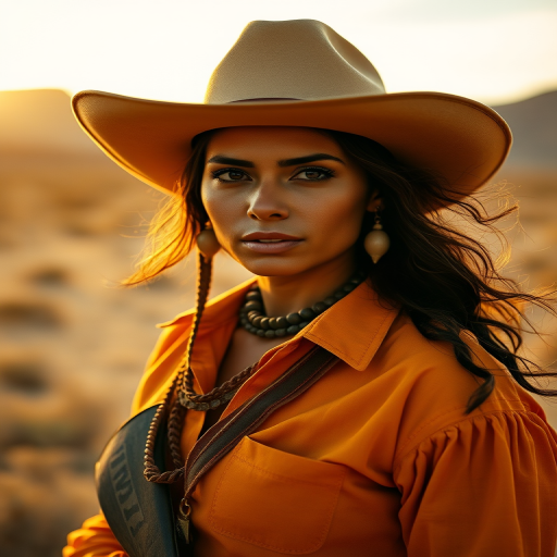 Dramatic photo of a beautiful taino woman, classic cowboy attire, confident and free spirit expression, half-length portrait, centered, golden hour desert landscape, warm, diffused light, low angle, medium format film camera, in style of Annie Leibovitz.