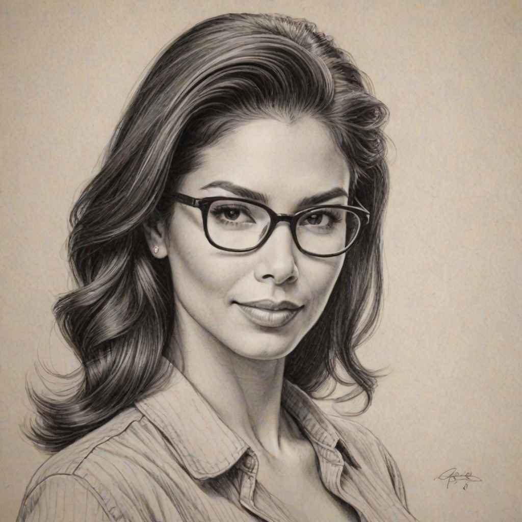 Fascinating Roselyn Sanchez, pencil sketch, portrait of Resplendent woman 1953s in glasses, hair style beatnik, outline, clear lines, fine lines, 8k