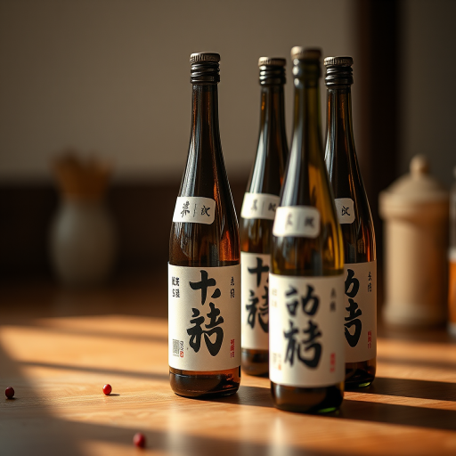 Create an image of traditional Japanese sake bottles with small red dots and a minimalist style, shot with a Canon EOS R5, 50mm lens, aperture f/2.8, ISO 100, in a soft natural light setting.