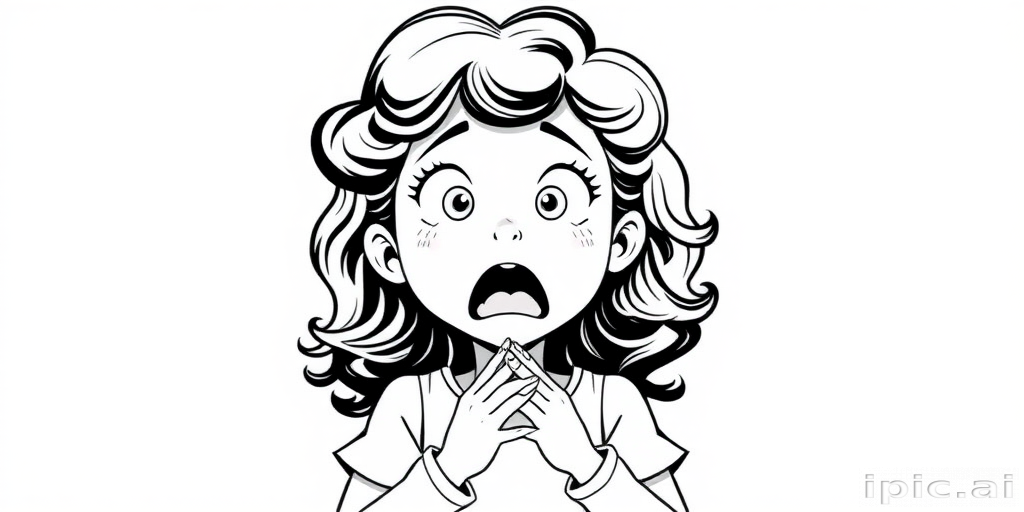 The image is a black and white illustration of a young girl with curly hair. She has a surprised expression on her face with her mouth open and her hands clasped together in front of her chest. Her eyes are wide and her eyebrows are furrowed. Her hair is styled in loose curls that are cascading down her back. The overall mood of the image is one of shock or surprise.