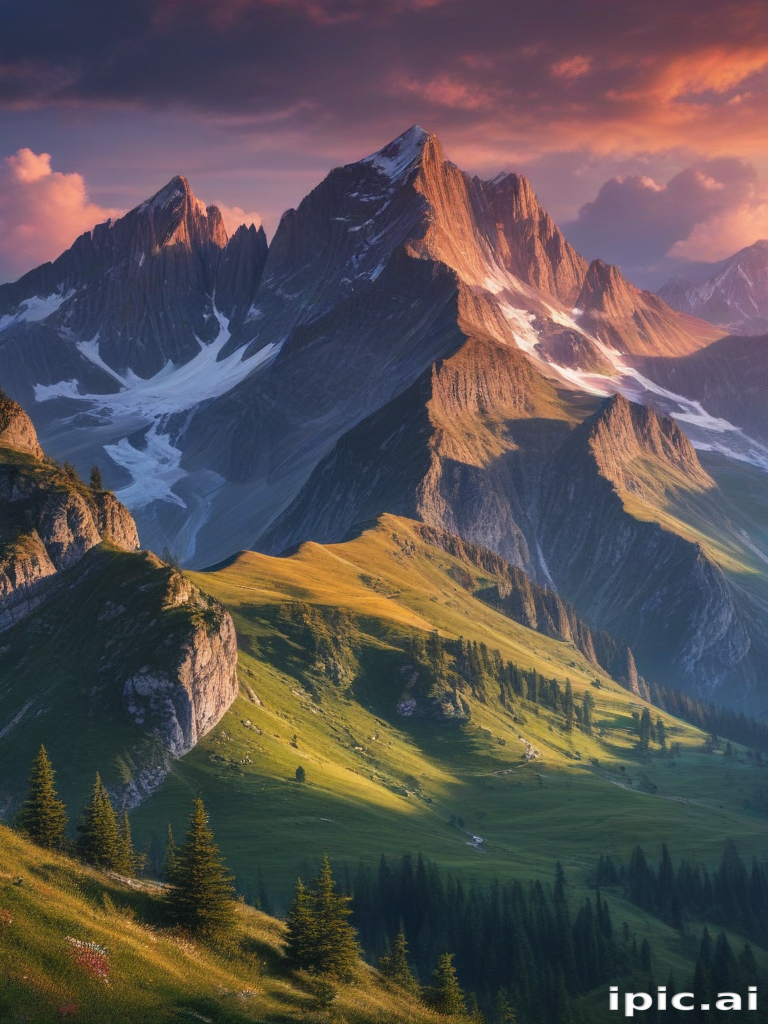 Majestic Mountain Range Bathed in Golden Sunset Light and Lush Greenery.