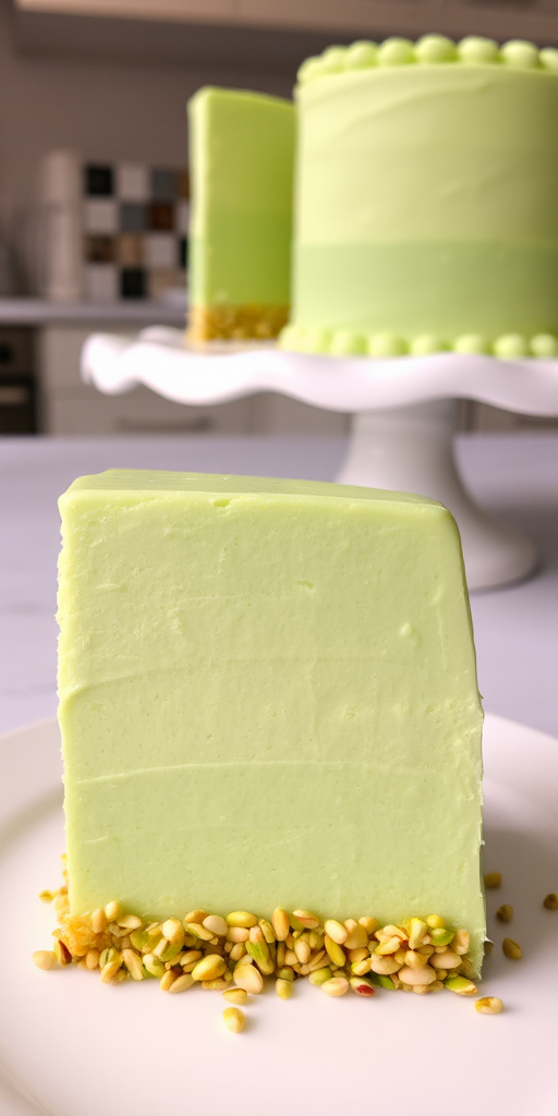 A slice of light green cake with a smooth green frosting and crushed pistachios on the base placed on a white plate with a blurred background of a cake stand and a kitchen setting.