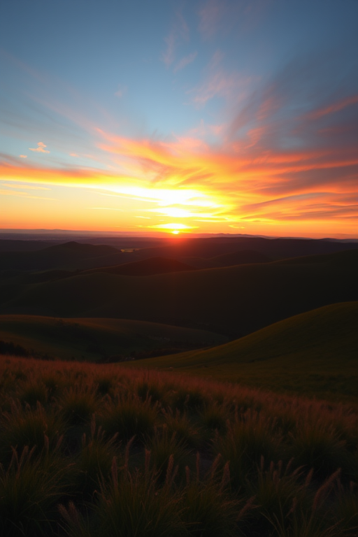 high-resolution image of a serene landscape at sunset capturing rolling hills and a vibrant sky, focal length 35mm, aperture f/8, ISO 200, shot with a DSLR in landscape orientation