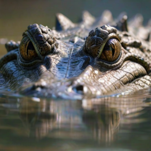 a close-up of a crocodile's head partially submerged in water, showcasing its textured skin and piercing eyes, with a blurred natural background