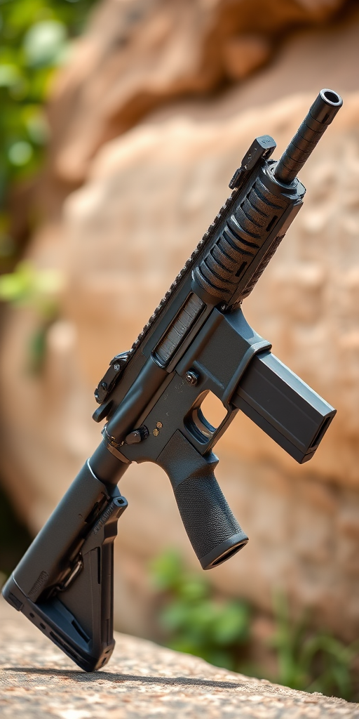 Create a high-resolution image of an M16 rifle with detailed textures, using a 50mm lens, f/1.8 aperture, in natural lighting, shot from a right-profile view with a DSLR camera to enhance clarity and depth.