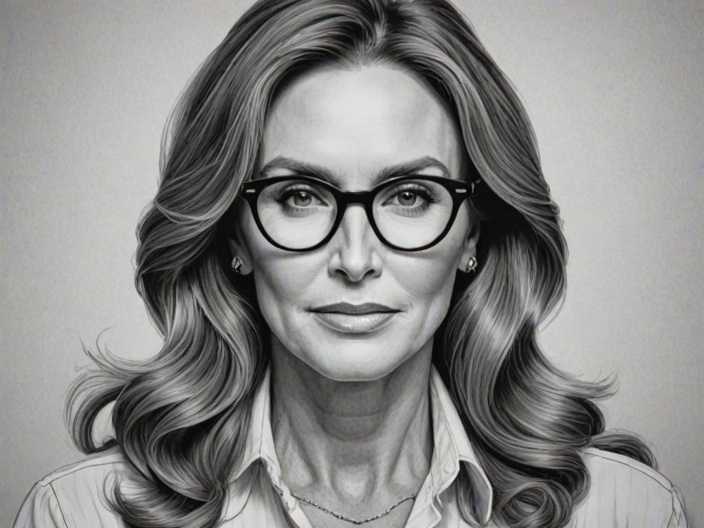 Graceful Caitlyn Jenner, pencil sketch, portrait of Pleasing woman 1935s in glasses, hair style beatnik, outline, clear lines, fine lines, 8k