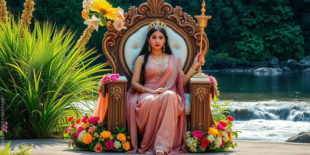 Create an image of a regal woman sitting on a throne adorned with flowers, holding a scepter, surrounded by lush greenery and flowing water, captured with a DSLR camera at f/2.8 aperture, 50mm lens, natural lighting, and vibrant colors.