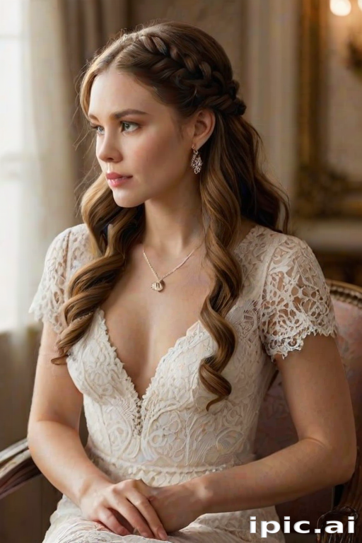 Create a portrait of a refined and elegant woman seated in a sophisticated setting. She has long, wavy hair styled in two thick braids that are pulled over her shoulders. She wears a white, lace gown with intricate patterns, featuring a deep V-neckline and short sleeves. The dress exudes a vintage charm with its delicate lacework. She is adorned with ornate, dangling earrings that add a touch of glamour to her appearance. The background is softly lit, with warm, ambient lighting that creates a cozy and inviting atmosphere. Her expression is poised and serene, capturing a sense of grace and elegance.