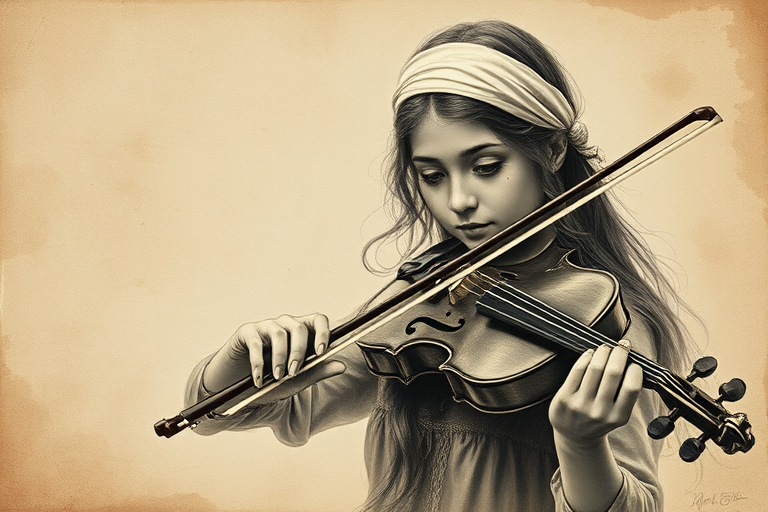 a young Romani woman with a white headband playing a violin, in the style of a charcoal drawing, sepia grunge background