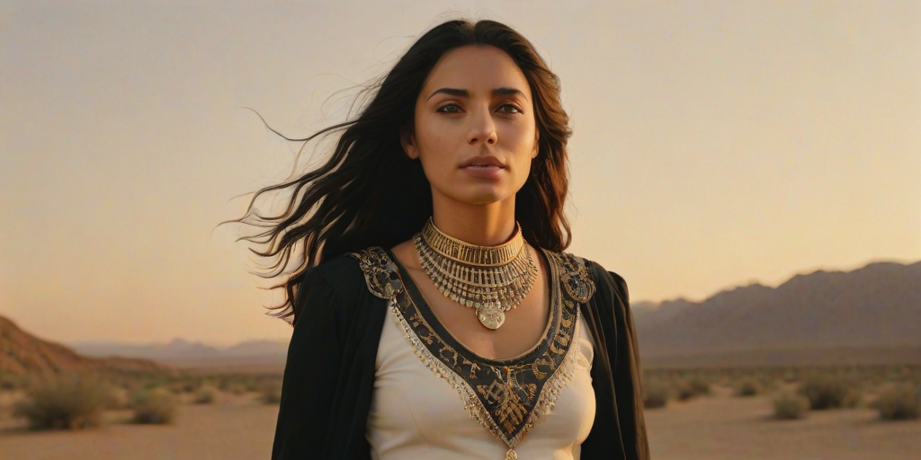 Dramatic photo of a beautiful Coptic woman, classic cowboy attire, confident and free spirit expression, half-length portrait, centered, golden hour desert landscape, warm, diffused light, low angle, medium format film camera, in style of Annie Leibovitz.