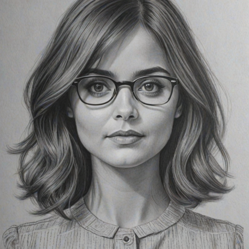 Pleasing Jenna Coleman, pencil sketch, portrait of Dazzling woman 1963s in glasses, hair style beatnik, outline, clear lines, fine lines, 8k