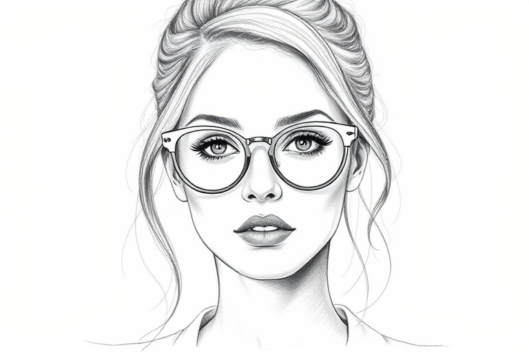 Beautiful Rosamund Pike, pencil sketch, portrait of beautiful woman 60s in glasses, hair style beatnik, outline, clear lines, fine lines, 8k