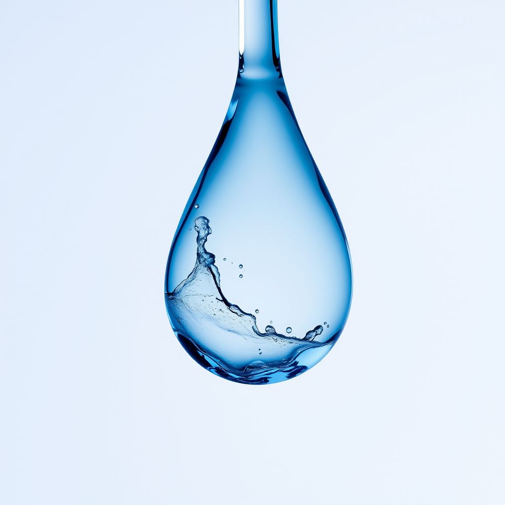 Create a high-resolution image of a blue water droplet in the shape of a teardrop, with water splashes inside, set against a smooth gradient background, captured with a Canon EOS 5D Mark IV at f/8, ISO 100, shutter speed 1/200s, using a macro lens with soft diffused lighting.