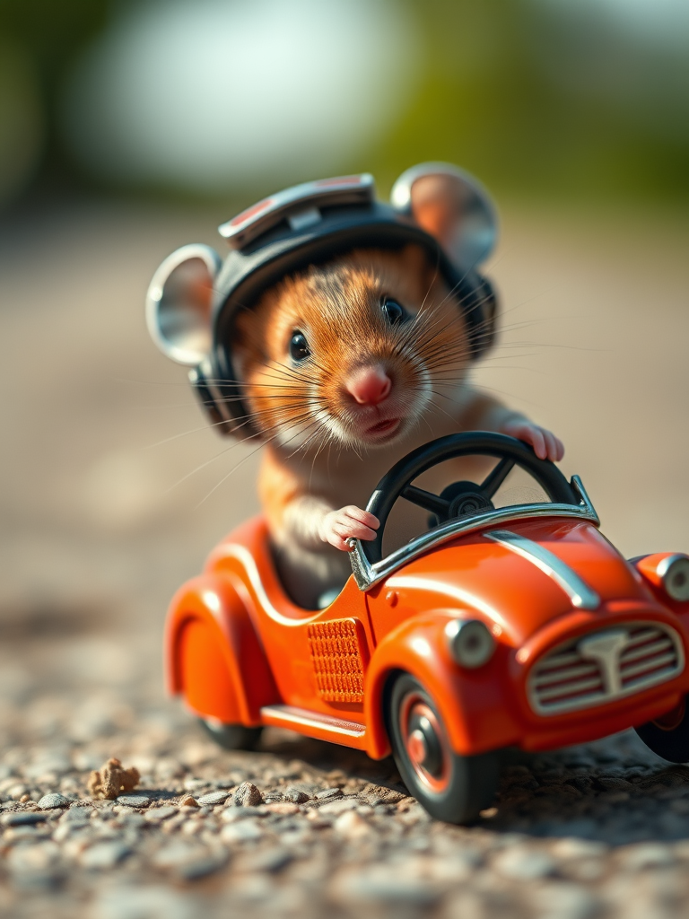 A close-up shot of a playful mouse wearing a vintage helmet, driving a miniature car on a textured surface, captured with a DSLR camera at f/2.8 aperture, 50mm lens, ISO 100, 1/200 sec, shallow depth of field for a soft background blur, natural daylight to enhance colors.