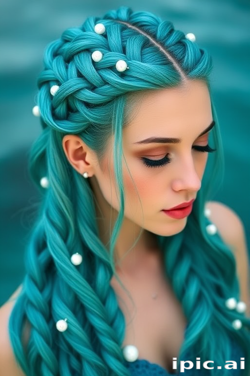 Mesmerizing teal mermaid braids, known as "Ocean Empress," incorporate intricate plaits and waves reminiscent of the sea, adorned with pearlescent accents