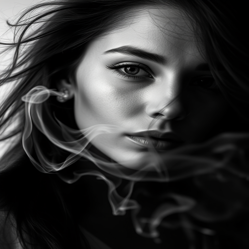 Portrait of a woman with flowing hair and smoke swirling around her face, soft lighting, high contrast, DSLR camera, 85mm lens, aperture f/1.8, ISO 100, shoot in RAW, low angle view, dramatic black and white.