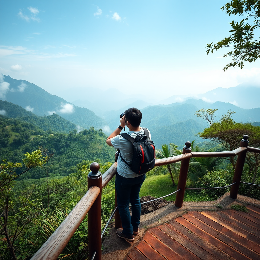 A photographer standing by a wooden railing on a mountain overlook, capturing the landscape with a camera, surrounded by lush greenery and misty mountains in the background, taken with a Canon EOS R5, 24mm lens, f/8 aperture, ISO 100, and a shutter speed of 1/200 sec, in natural light.