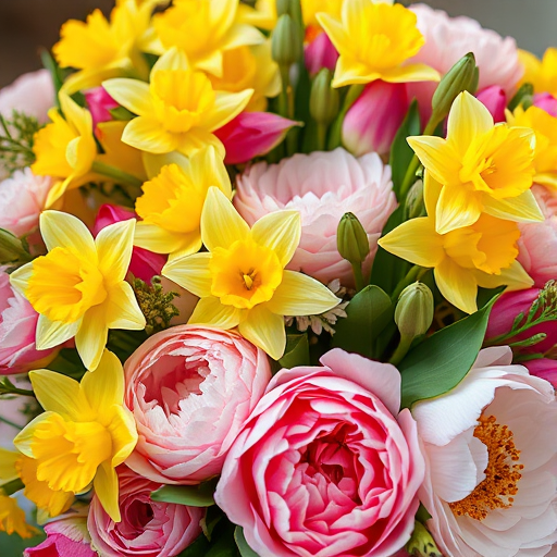A vibrant floral arrangement featuring daffodils, peonies, and other blossoms, captured in high detail with a Canon EOS R5, f/2.8 aperture, ISO 100, 85mm lens, natural light, shallow depth of field.