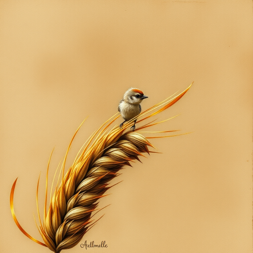 Soft, muted Alcohol Ink with ebru effect background image of tiny whimsical gazalle, who climbed high on the top of a golden rye ear.