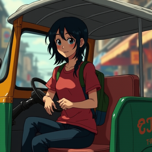 Cartoon Movie​ scene, a 18yr kindness grin Japanese woman,oval face , mullet medium long messy black side hair, wear a red shirt ,black jeans ,navy slip-on​,with green backpack, relax​ sitting on a seat in a thai tuk-tuk, tuk-tuk a silver metal roof that reflects light, There are blurred street lights and shops Chinatown Bangkok in the background.