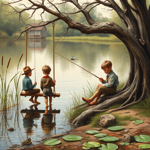 Imagine a small group of old fashioned young boys out fishing by the creek, a swing hanging from a tree branch, reeds and grasses by the water's edge, a frog sitting on a lily pad, dragonflies hovering over som water plans, a very iconic old fashioned scene reminiscent of a Norman Rockwell painting style