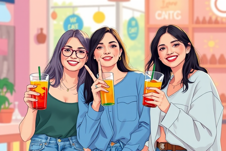 Generate an illustration of three young women with drinks, styled in a bright and cheerful environment, with one woman making a peace sign, using a Canon EOS R5, 50mm lens, f/2.8 aperture, natural lighting, and a vibrant color palette.