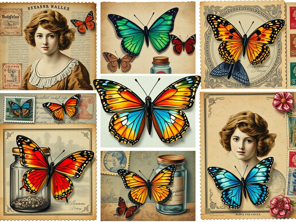 Create a high-resolution collage of vintage-inspired illustrations featuring colorful butterflies, antique portraits, and decorative elements like jars and stamps, captured in macro view with a DSLR camera at f/2.8 aperture and ISO 100, using natural lighting to enhance colors and details.