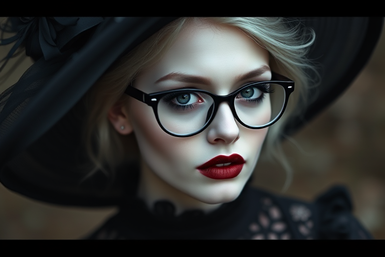 portrait of a gothic woman with pale skin, dark lipstick, and striking makeup, wearing a large black hat and glasses, intricate lace details on her outfit, soft focus background, taken with a Canon EOS R5, 85mm lens, f/1.8 aperture, ISO 100, natural lighting, shallow depth of field