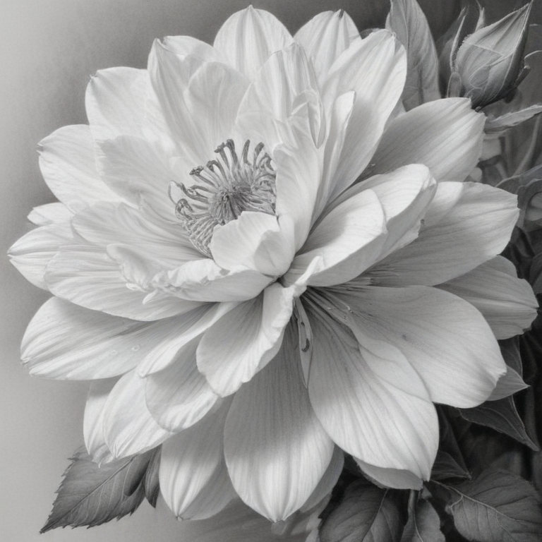 Elegant Black and White Flower Blooming with Delicate Petals and Leaves