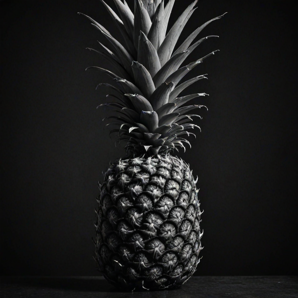 a black and white image of a pineapple against a dark background