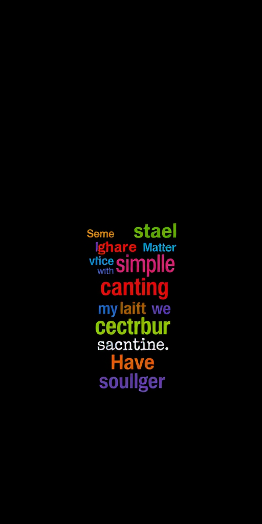 Create a silhouette of a person with raised arms, filled with colorful text that conveys self-identity and emotional phrases, on a solid black background, using a DSLR camera with f/2.8 aperture, 50mm lens, high contrast lighting, and a slight vignette effect to enhance image quality.