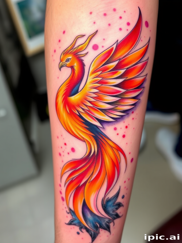 Vibrant watercolor phoenix tattoo featuring swirling hues of orange, red, and purple, rising from ashes with intricate feather details and golden accents, symbolizing rebirth and transformation in a painterly style