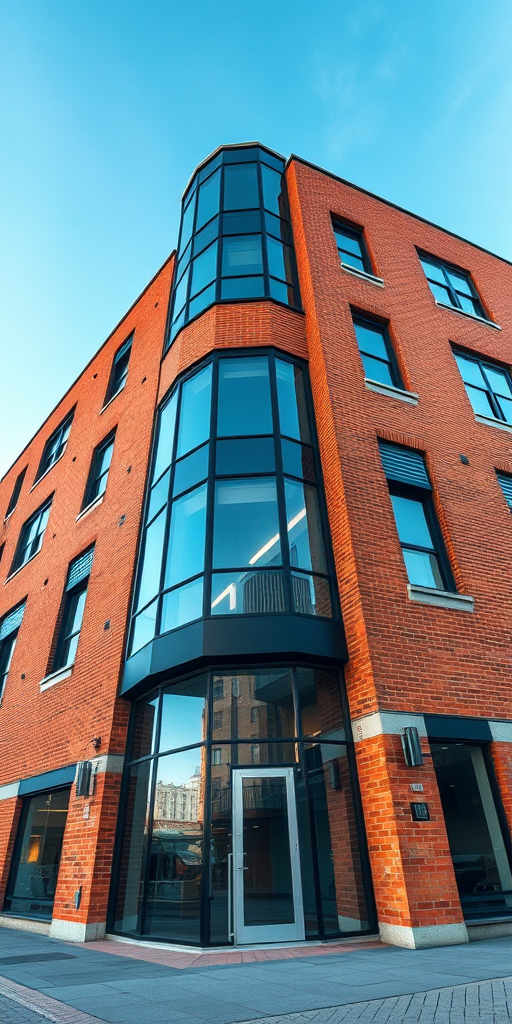 modern brick building exterior, low angle view, wide-angle lens, f/8 aperture, 1/125 sec shutter speed, ISO 200, soft natural lighting, HDR photography, high-resolution digital image