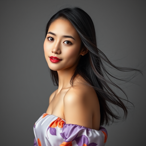 Photographic image of a beautiful young Singaporean woman, red eyes, lips with red lipstick, long hair fluttering in the wind and wearing a silk strapless dress with a soft purple and orange print. monochrome image with only color highlights in the iris of the eyes, lipstick and dress. Gray background.