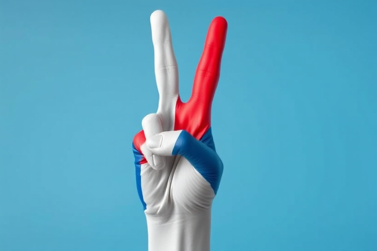 Create a vibrant image of a hand making a peace sign, colored in the French flag of blue, white, and red, shot in high resolution with a Canon EOS R5, 85mm lens, f/1.8 aperture, and soft lighting to enhance color contrast and details.