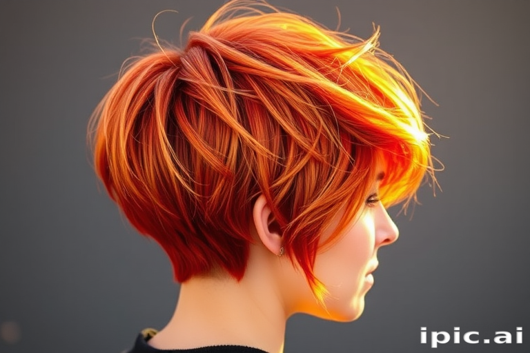 Vibrant Sunset Pixie Cut featuring fiery orange and red hues blending seamlessly with soft golden highlights creating a mesmerizing gradient effect reminiscent of a beautiful sunset sky