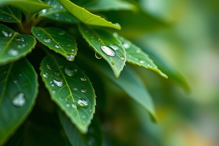 Macro shot of green leaves with water droplets, soft focus background, natural light, aperture f/2.8, shutter speed 1/200s, ISO 100, DSLR camera, 50mm lens.