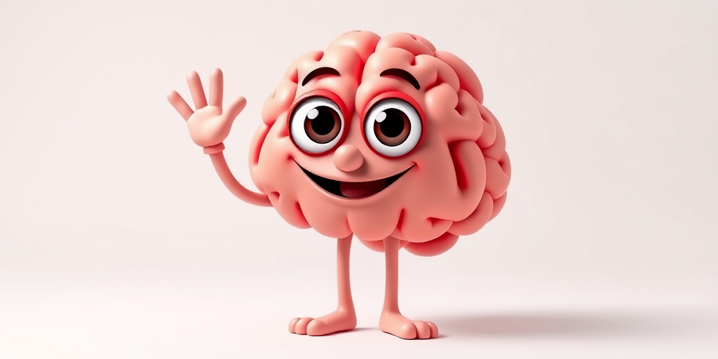 Create a vibrant cartoon character of a friendly brain with big eyes and a smiling face, waving with one hand, standing on a plain background, captured using a DSLR camera with a 50mm lens at f/2.8, 1/200 sec, ISO 100, shot in a bright studio lighting setup.