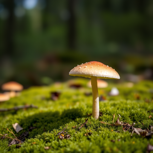 mushroom growing on mossy ground in a forest, shallow depth of field, ISO 200, f/2.8, 1/250s, 50mm lens, soft natural lighting, macro photography, DSLR camera, vibrant colors and sharp details