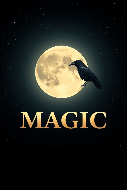 Create an image of a full moon glowing brightly against a starry night sky, featuring the word "MAGIC" in bold, elegant font, with a crow perched on the letter 'C', captured with a DSLR camera, f/1.8 aperture, ISO 200, 24mm lens, with a slight vignette effect to enhance the ethereal atmosphere.