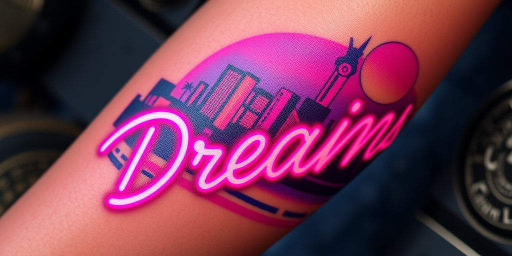 Retro-inspired neon sign tattoo called "Electric Dreams" with vibrant pinks and blues depicting a stylized cityscape and glowing text, capturing the essence of 1980s nostalgia on the calf
